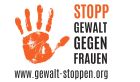 Eine orangefarbene Hand zeigt Stopp. Daneben steht: Stopp Gewalt gegen Frauen und die Website: www.gewalt-stoppen.org